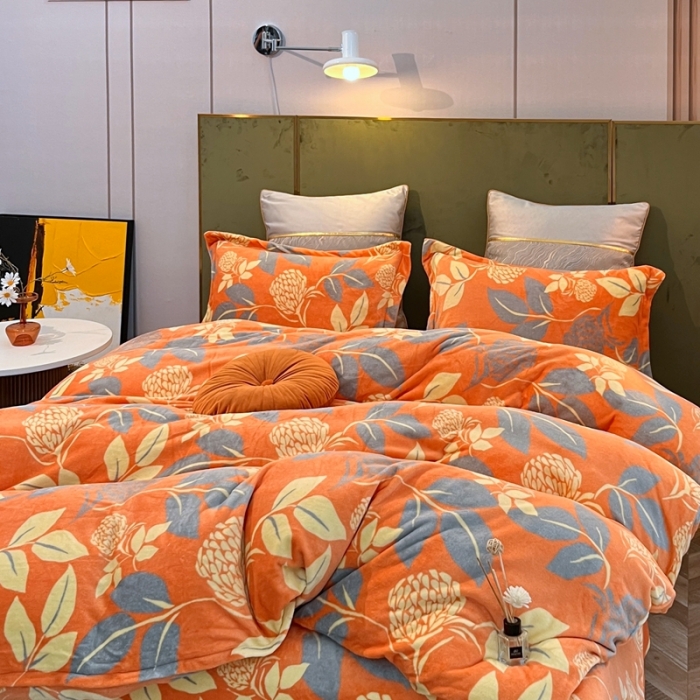 91家纺网 家纺一手货源 找家纺 凡客家居 2022新款牛奶绒印花系列四件套 秋意-桔