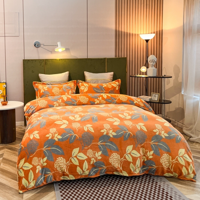 91家纺网 家纺一手货源 找家纺 凡客家居 2022新款牛奶绒印花系列四件套 秋意-桔