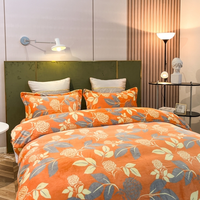 91家纺网 家纺一手货源 找家纺 凡客家居 2022新款牛奶绒印花系列四件套 秋意-桔