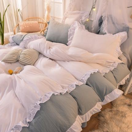 91家纺网 家纺一手货源 找家纺 （总）2023新韩版水洗棉公主风单层荷叶边拼色陌上花开四件套