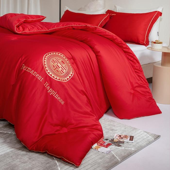 91家纺网 家纺一手货源 找家纺 （51%大豆）A类80支长绒棉51大豆婚庆被全棉结婚喜庆被红 喜事连连3