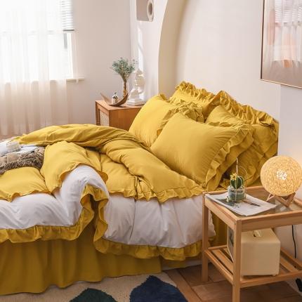 91家纺网 家纺一手货源 找家纺 （总）2023新韩版水洗棉公主风单层荷叶边拼色陌上花开四件套