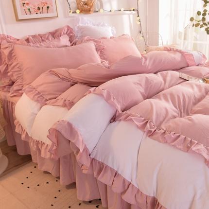 91家纺网 家纺一手货源 找家纺 （总）2023新韩版水洗棉公主风单层荷叶边拼色陌上花开四件套