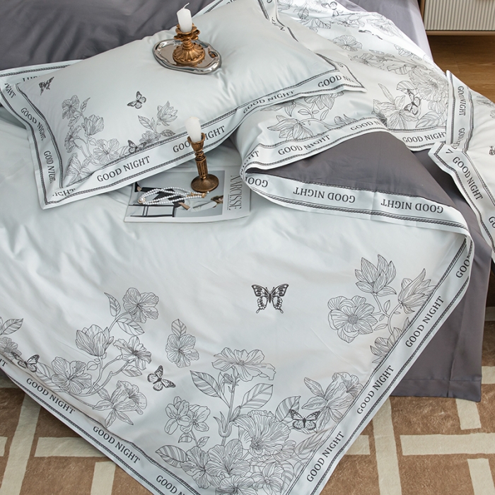 91家纺网 家纺一手货源 找家纺 安莱 2022新款100支长绒棉数码印花四件套-秘境 巴黎灰