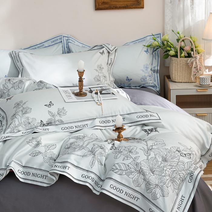 91家纺网 家纺一手货源 找家纺 安莱 2022新款100支长绒棉数码印花四件套-秘境 巴黎灰