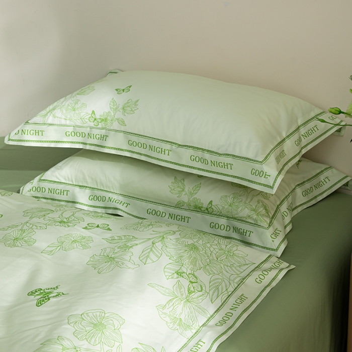 91家纺网 家纺一手货源 找家纺 安莱 2022新款100支长绒棉数码印花四件套-秘境 鳄梨绿