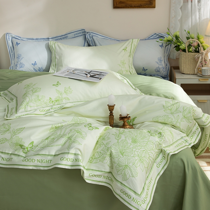 91家纺网 家纺一手货源 找家纺 安莱 2022新款100支长绒棉数码印花四件套-秘境 鳄梨绿