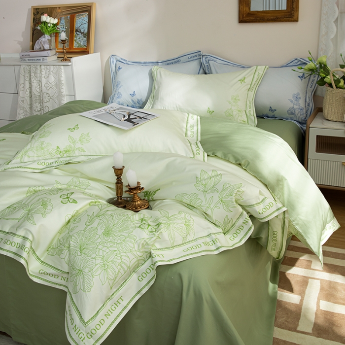 91家纺网 家纺一手货源 找家纺 安莱 2022新款100支长绒棉数码印花四件套-秘境 鳄梨绿