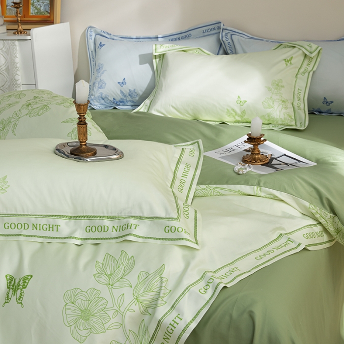 91家纺网 家纺一手货源 找家纺 安莱 2022新款100支长绒棉数码印花四件套-秘境 鳄梨绿