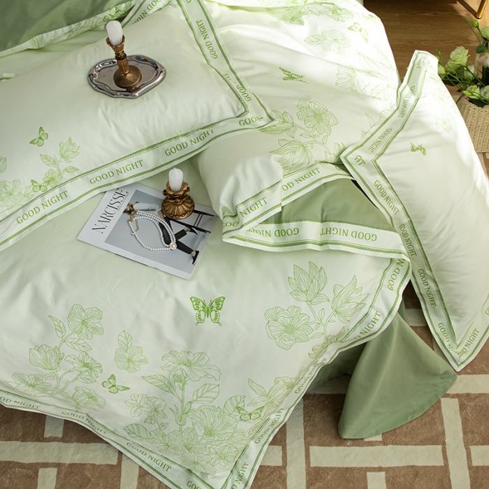 91家纺网 家纺一手货源 找家纺 安莱 2022新款100支长绒棉数码印花四件套-秘境 鳄梨绿