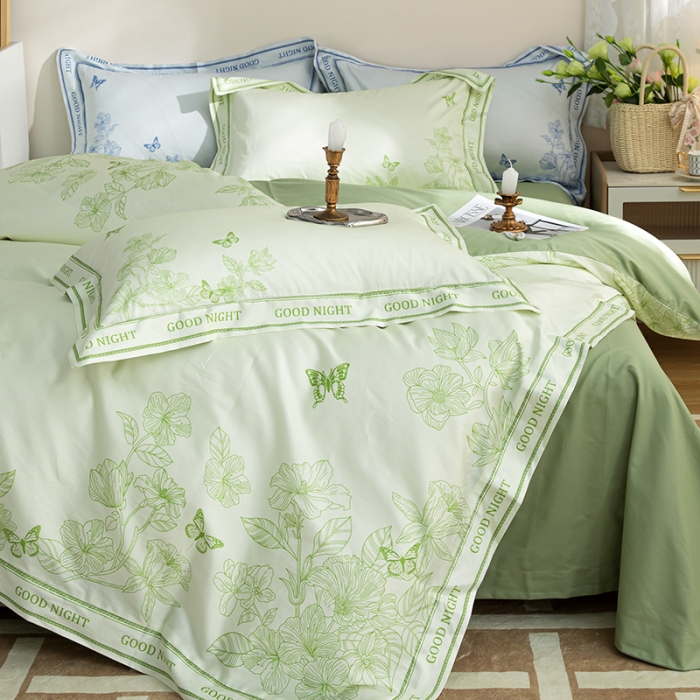 91家纺网 家纺一手货源 找家纺 安莱 2022新款100支长绒棉数码印花四件套-秘境 鳄梨绿