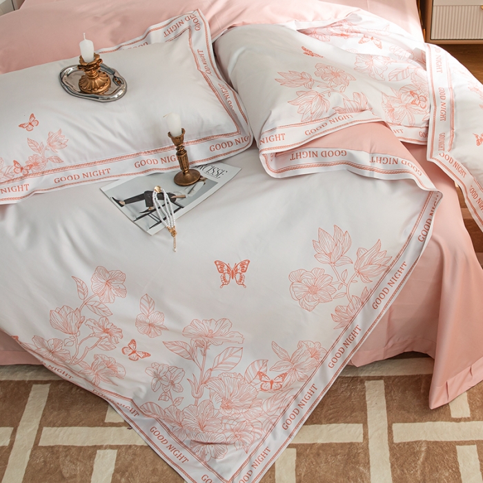 91家纺网 家纺一手货源 找家纺 安莱 2022新款100支长绒棉数码印花四件套-秘境 香芋粉