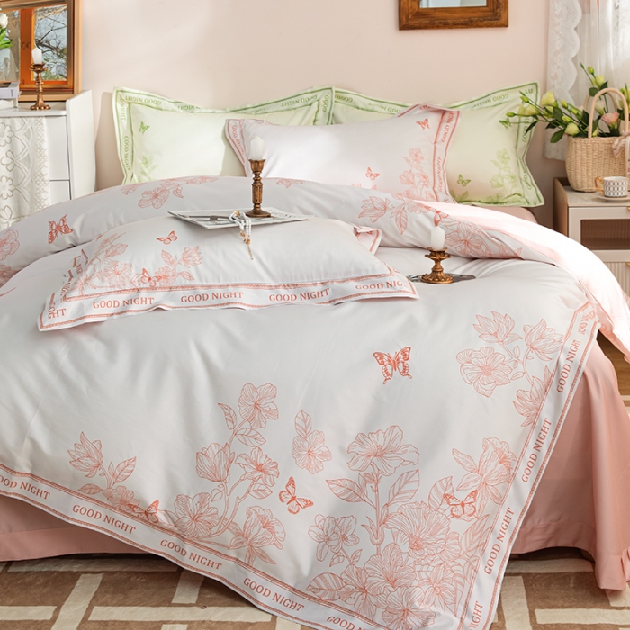 91家纺网 家纺一手货源 找家纺 安莱 2022新款100支长绒棉数码印花四件套-秘境 香芋粉