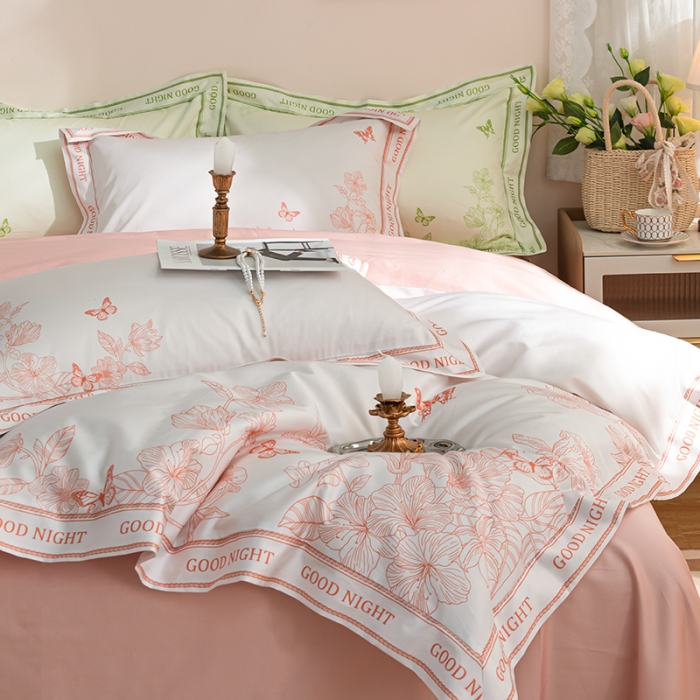 91家纺网 家纺一手货源 找家纺 安莱 2022新款100支长绒棉数码印花四件套-秘境 香芋粉