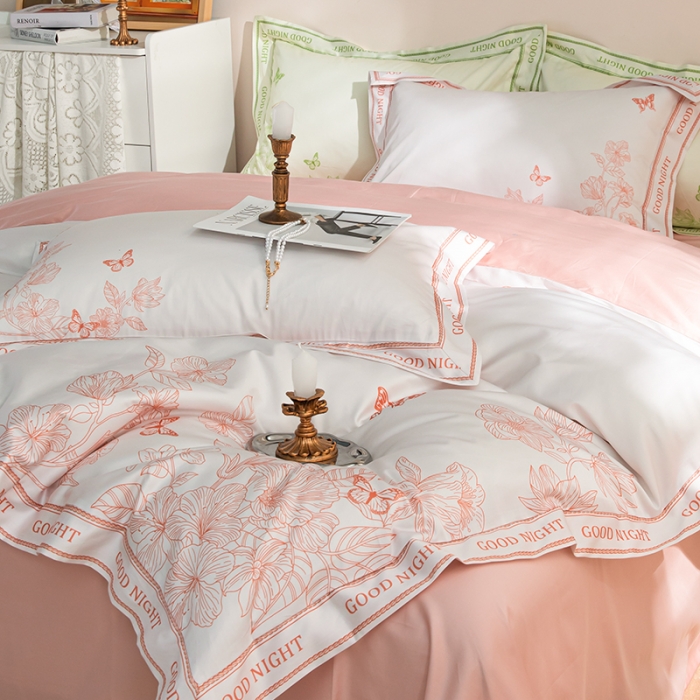 91家纺网 家纺一手货源 找家纺 安莱 2022新款100支长绒棉数码印花四件套-秘境 香芋粉