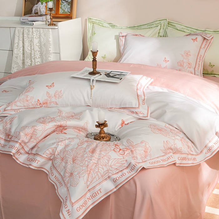 91家纺网 家纺一手货源 找家纺 安莱 2022新款100支长绒棉数码印花四件套-秘境 香芋粉