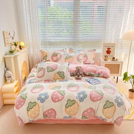 91家纺网 家纺一手货源 找家纺 慕尚2022新款5D牛奶绒法莱绒雪花绒四件套 甜甜草莓