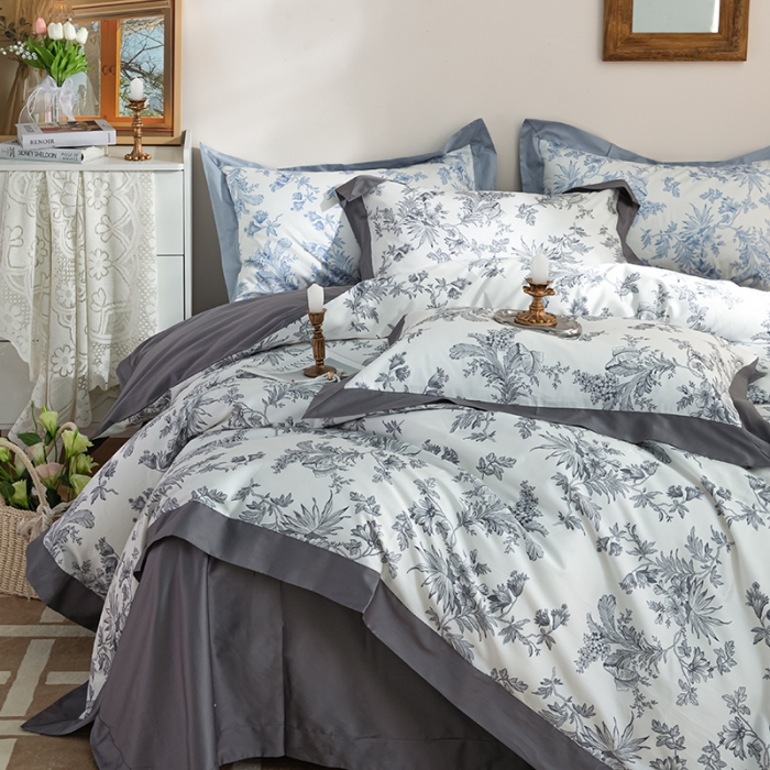 91家纺网 家纺一手货源 找家纺 安莱 2022新款100支长绒棉数码印花四件套-花屿 巴黎灰
