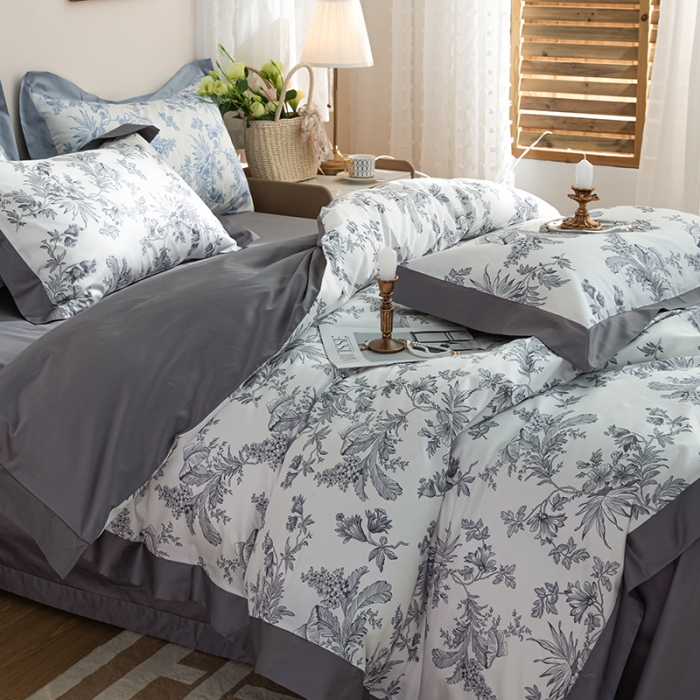 91家纺网 家纺一手货源 找家纺 安莱 2022新款100支长绒棉数码印花四件套-花屿 巴黎灰
