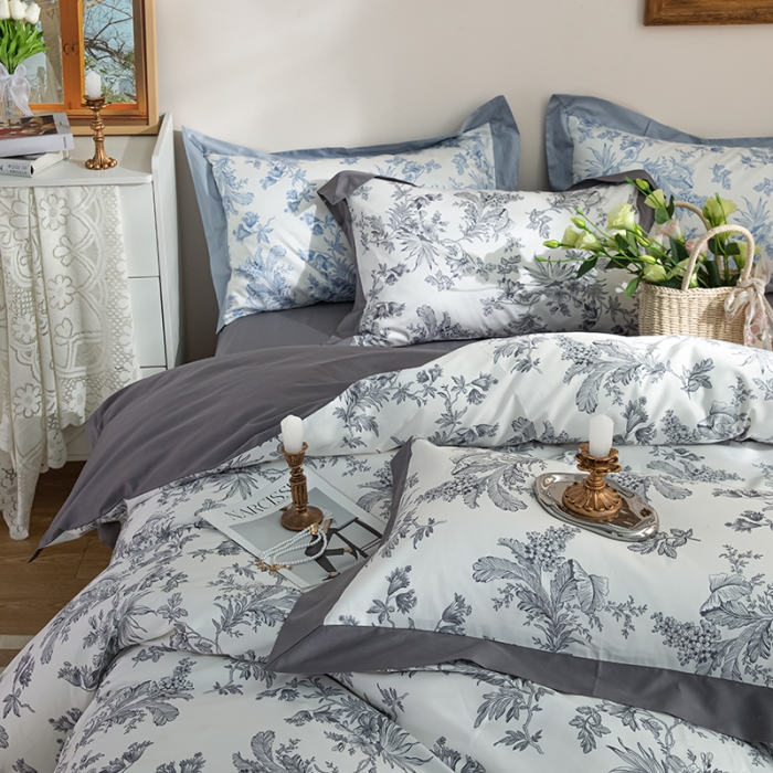 91家纺网 家纺一手货源 找家纺 安莱 2022新款100支长绒棉数码印花四件套-花屿 巴黎灰