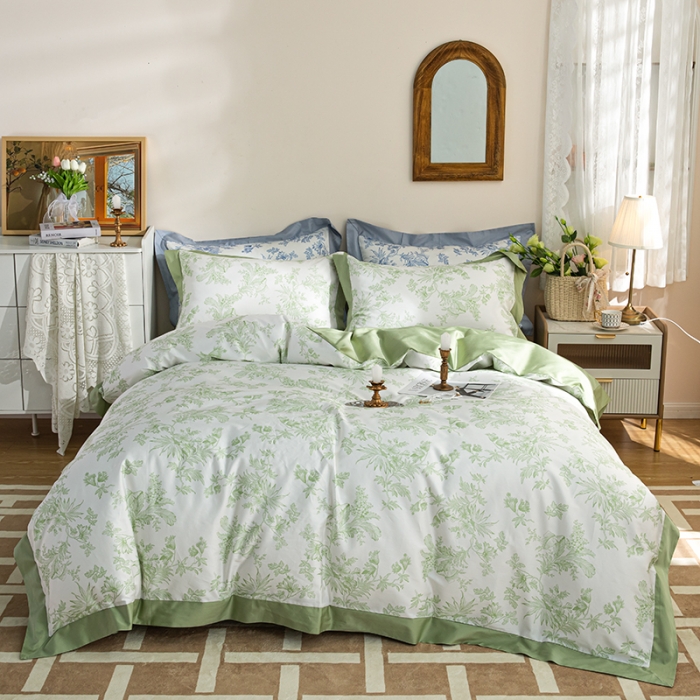 91家纺网 家纺一手货源 找家纺 安莱 2022新款100支长绒棉数码印花四件套-花屿 鳄梨绿