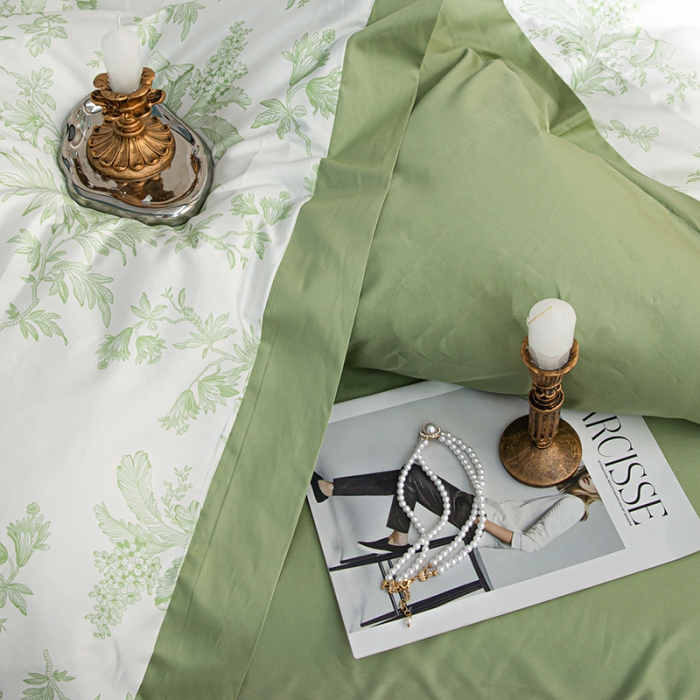 91家纺网 家纺一手货源 找家纺 安莱 2022新款100支长绒棉数码印花四件套-花屿 鳄梨绿