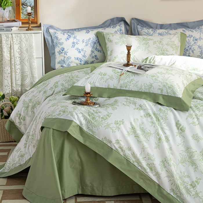 91家纺网 家纺一手货源 找家纺 安莱 2022新款100支长绒棉数码印花四件套-花屿 鳄梨绿