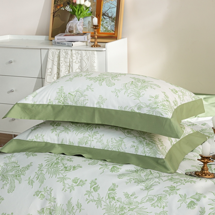 91家纺网 家纺一手货源 找家纺 安莱 2022新款100支长绒棉数码印花四件套-花屿 鳄梨绿