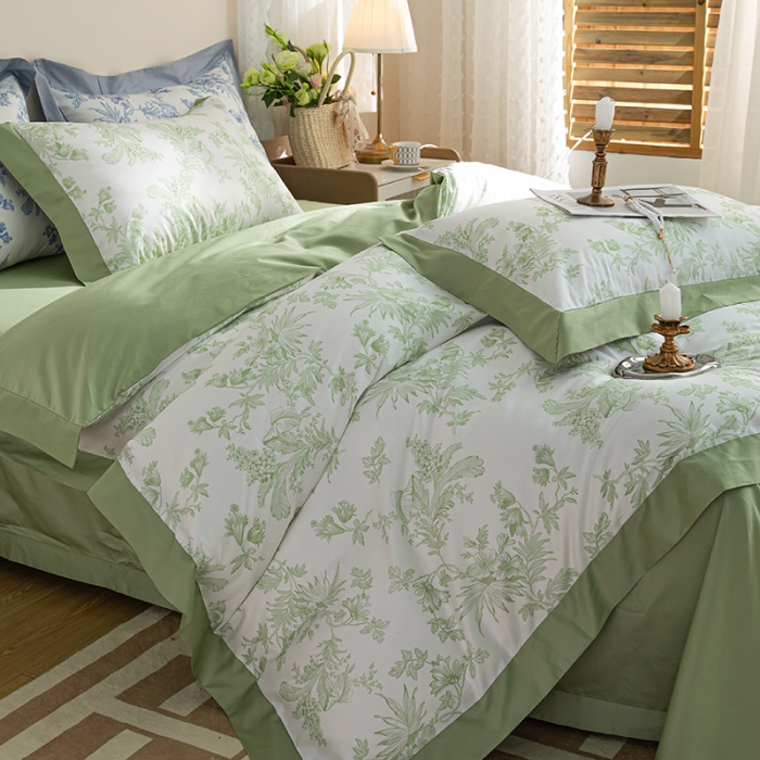 91家纺网 家纺一手货源 找家纺 安莱 2022新款100支长绒棉数码印花四件套-花屿 鳄梨绿