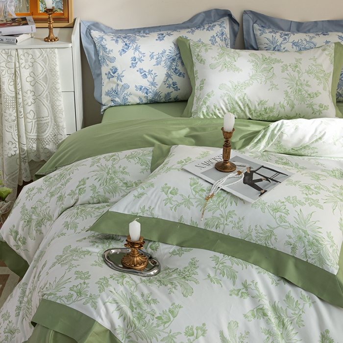 91家纺网 家纺一手货源 找家纺 安莱 2022新款100支长绒棉数码印花四件套-花屿 鳄梨绿