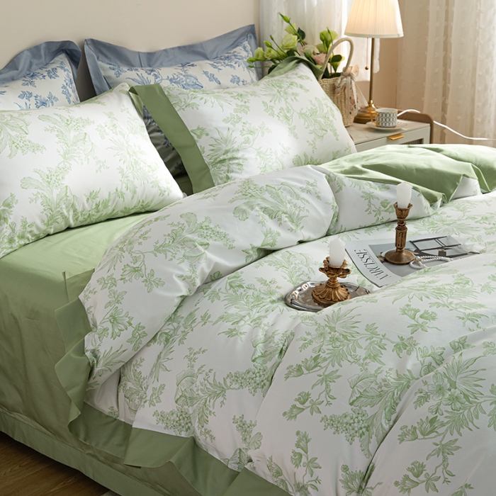 91家纺网 家纺一手货源 找家纺 安莱 2022新款100支长绒棉数码印花四件套-花屿 鳄梨绿