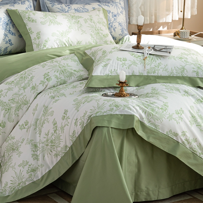 91家纺网 家纺一手货源 找家纺 安莱 2022新款100支长绒棉数码印花四件套-花屿 鳄梨绿