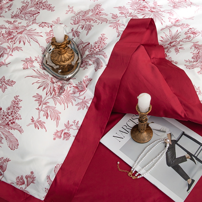 91家纺网 家纺一手货源 找家纺 安莱 2022新款100支长绒棉数码印花四件套-花屿 克里红