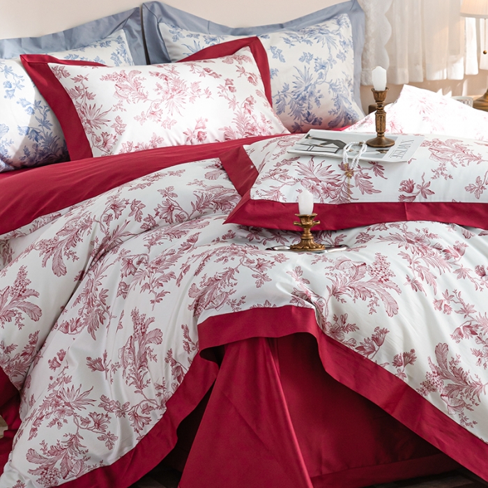 91家纺网 家纺一手货源 找家纺 安莱 2022新款100支长绒棉数码印花四件套-花屿 克里红