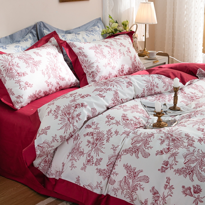 91家纺网 家纺一手货源 找家纺 安莱 2022新款100支长绒棉数码印花四件套-花屿 克里红