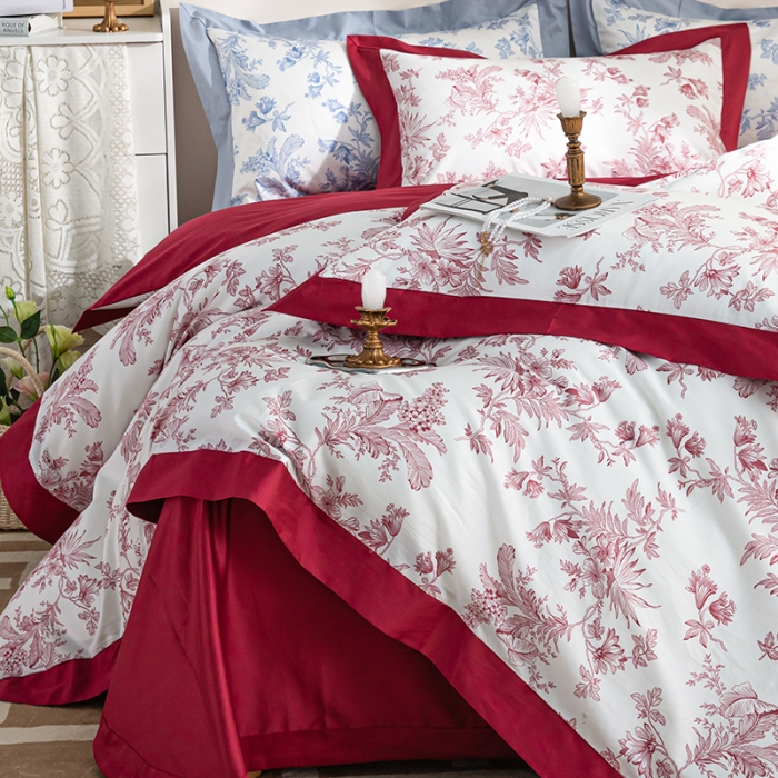 91家纺网 家纺一手货源 找家纺 安莱 2022新款100支长绒棉数码印花四件套-花屿 克里红