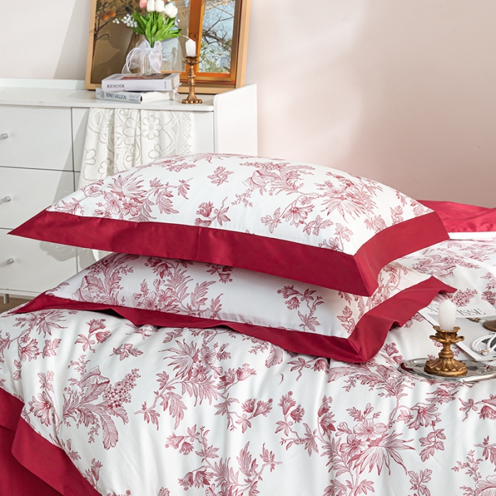 91家纺网 家纺一手货源 找家纺 安莱 2022新款100支长绒棉数码印花四件套-花屿 克里红