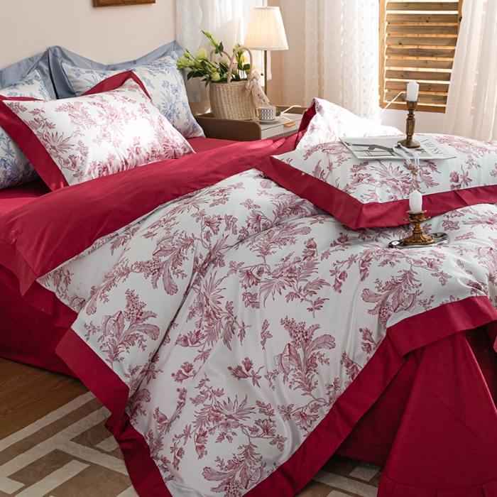 91家纺网 家纺一手货源 找家纺 安莱 2022新款100支长绒棉数码印花四件套-花屿 克里红