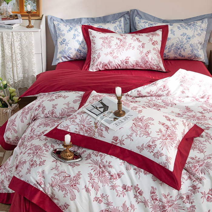 91家纺网 家纺一手货源 找家纺 安莱 2022新款100支长绒棉数码印花四件套-花屿 克里红