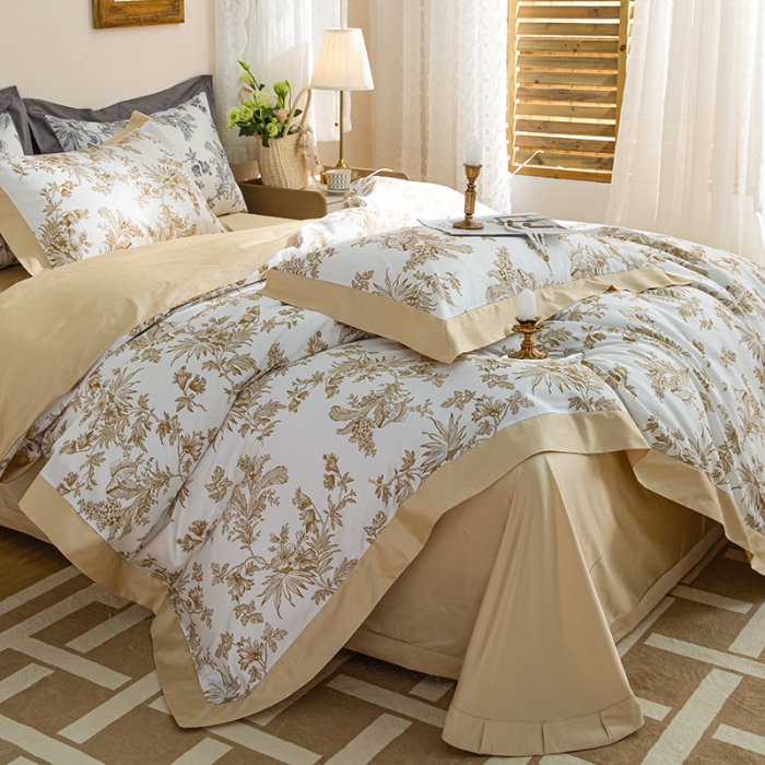 91家纺网 家纺一手货源 找家纺 安莱 2022新款100支长绒棉数码印花四件套-花屿 香槟金