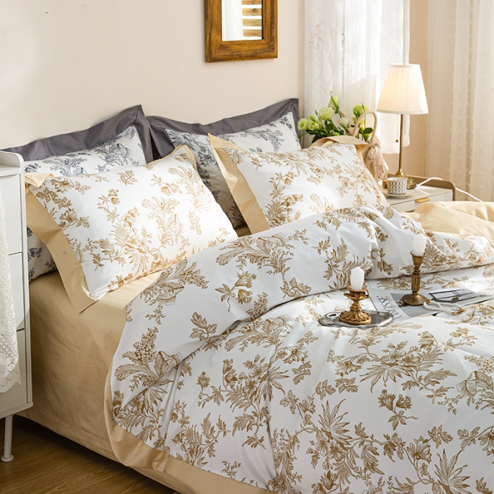 91家纺网 家纺一手货源 找家纺 安莱 2022新款100支长绒棉数码印花四件套-花屿 香槟金