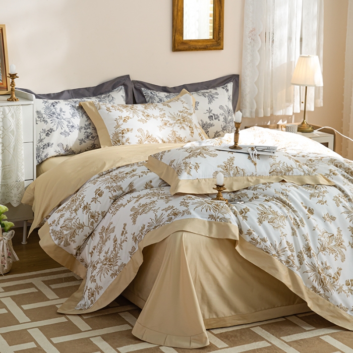 91家纺网 家纺一手货源 找家纺 安莱 2022新款100支长绒棉数码印花四件套-花屿 香槟金