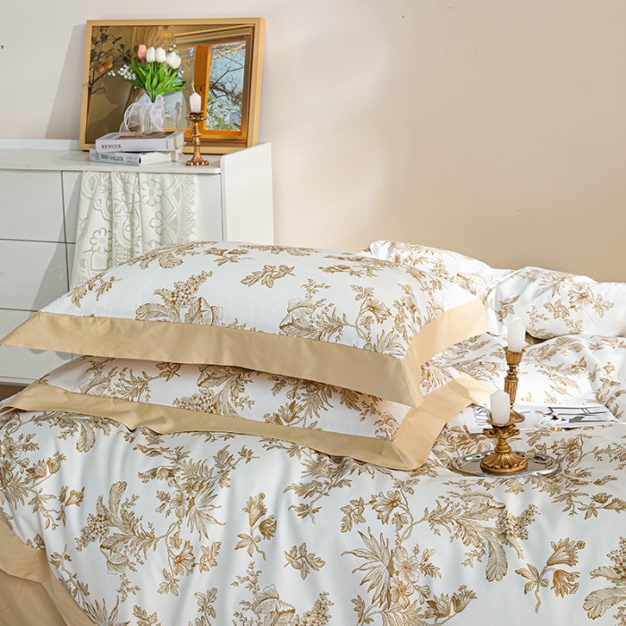 91家纺网 家纺一手货源 找家纺 安莱 2022新款100支长绒棉数码印花四件套-花屿 香槟金