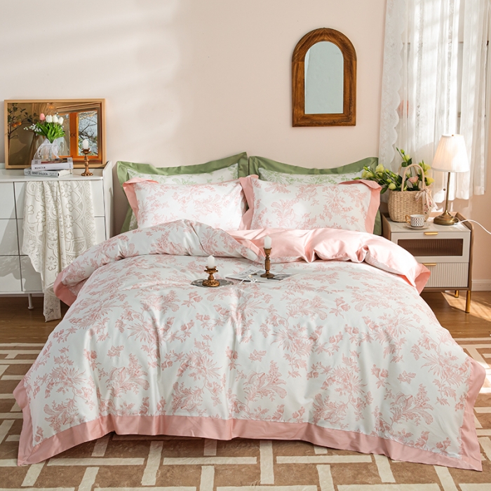 91家纺网 家纺一手货源 找家纺 安莱 2022新款100支长绒棉数码印花四件套-花屿 香芋粉