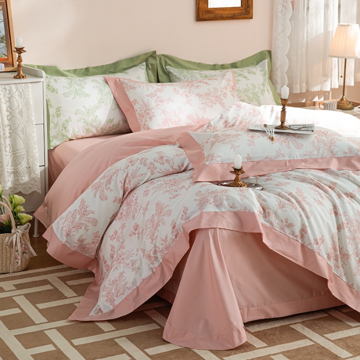 91家纺网 家纺一手货源 找家纺 安莱 2022新款100支长绒棉数码印花四件套-花屿 香芋粉