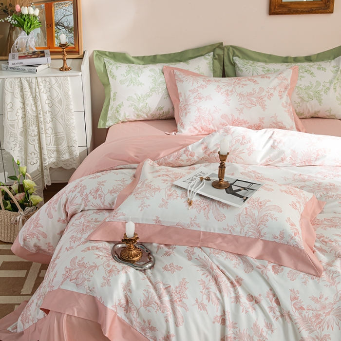 91家纺网 家纺一手货源 找家纺 安莱 2022新款100支长绒棉数码印花四件套-花屿 香芋粉