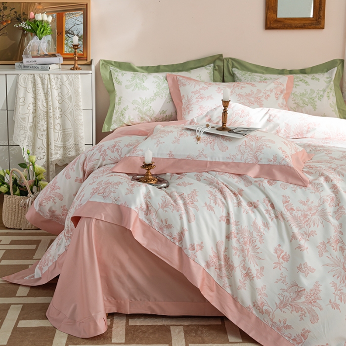 91家纺网 家纺一手货源 找家纺 安莱 2022新款100支长绒棉数码印花四件套-花屿 香芋粉