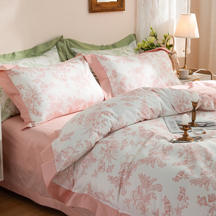 91家纺网 家纺一手货源 找家纺 安莱 2022新款100支长绒棉数码印花四件套-花屿 香芋粉