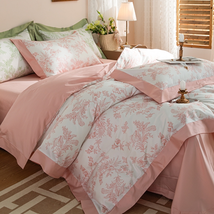 91家纺网 家纺一手货源 找家纺 安莱 2022新款100支长绒棉数码印花四件套-花屿 香芋粉