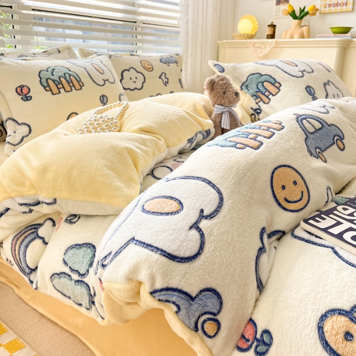 91家纺网 家纺一手货源 找家纺 慕尚2022新款5D牛奶绒法莱绒雪花绒四件套 动物巴士